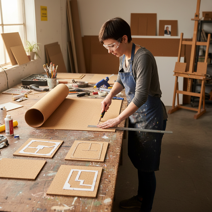 Crafting with the Premium Fine Grain Large Cork Roll, 7m x 1.22m, ideal for interior walls, soundproofing, and acoustic insulation. The workshop scene highlights precise shaping for noise reduction and vibration damping.