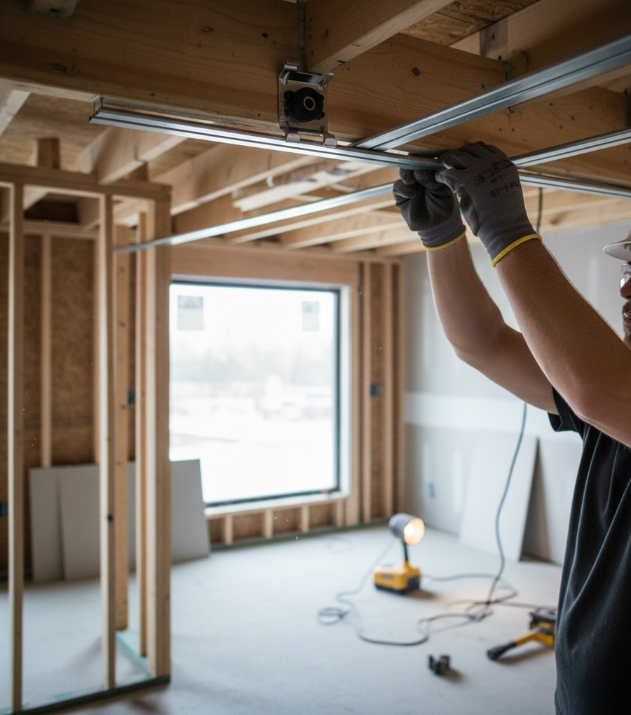 Tradesperson installing the Premium Acoustic Performance Mount, designed for soundproofing and noise reduction, on a ceiling track in a construction setting, showcasing its easy installation and high sound insulation capabilities.