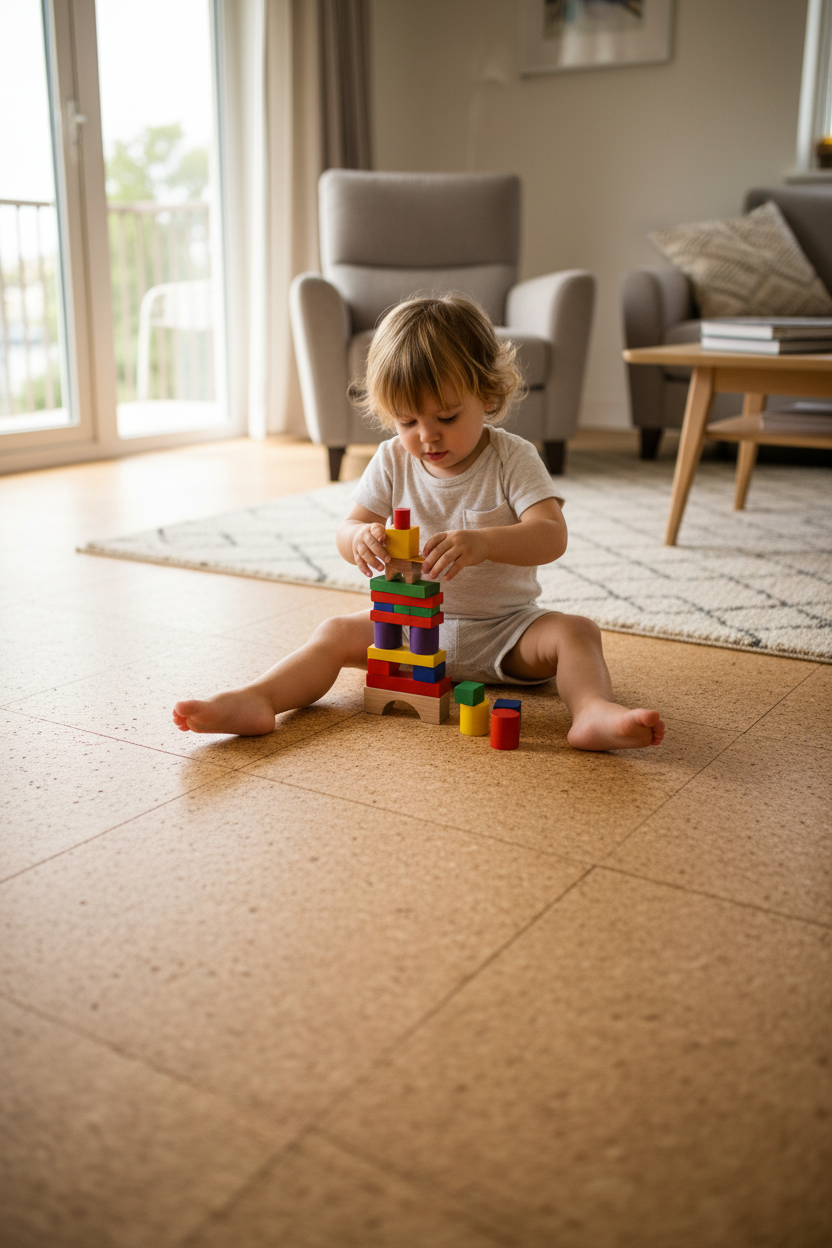 Toddler playing on Professional Natural Cork Flooring 300mm x 300mm Tiles - 5mm Thick, Unsealed for Comfortable Residential Use, highlighting its soundproof and acoustic properties ideal for noise reduction and sound insulation.