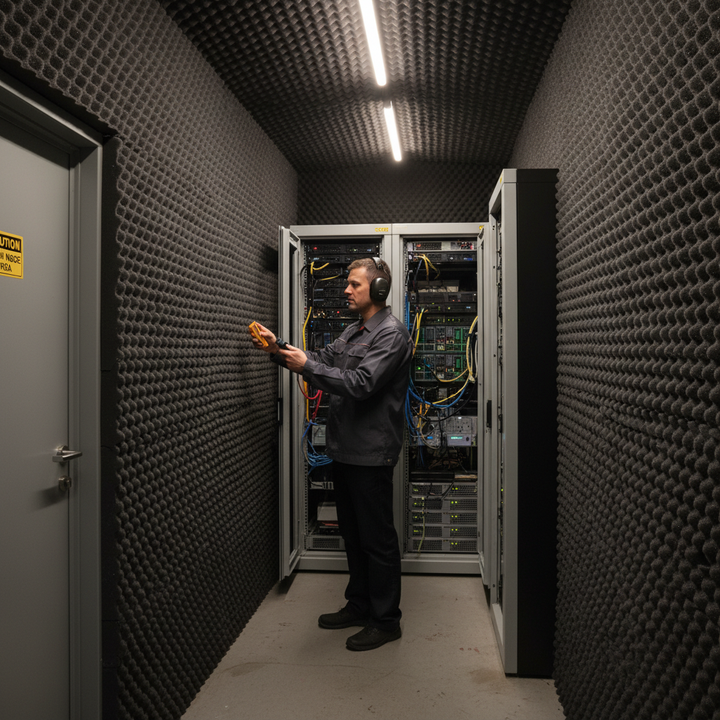 Technician testing wiring in a sound-treated room with Premium Noise-Absorbing Material - 35mm Thick Foamed Polyurethane for soundproofing, featuring self-adhesive layer, enhancing acoustic insulation and noise reduction.