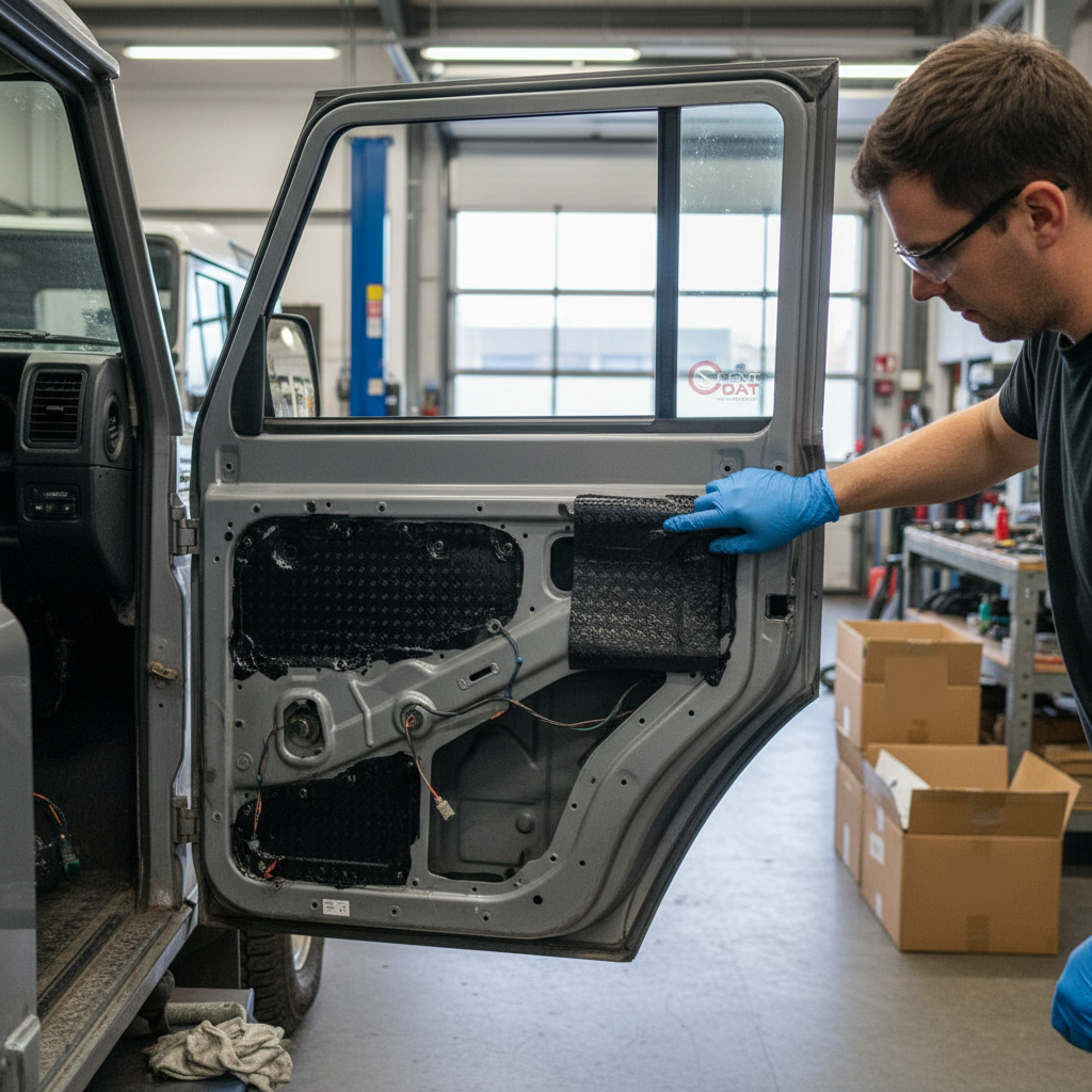 Technician fitting Premium Sound Deadening Mat Kit for Land Rover 90, highlighting 2mm thickness and high-performance noise reduction for superior soundproofing and acoustic insulation. Vibration damping enhances driving comfort.