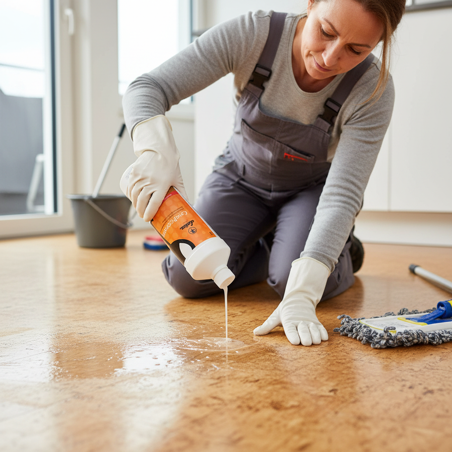 Cleaner kneeling on cork floor, applying Premium Deep Cork Floor Cleaner 1 Litre. Removes old care layers, stubborn dirt, with pH-neutral formula. Ideal for soundproof and acoustic floor maintenance.