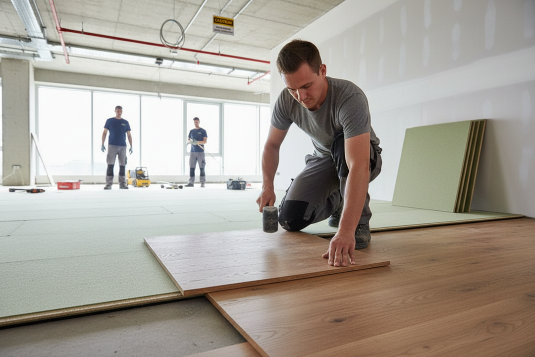 High-Performance Acoustic Floor Board Panel 33 - 33mm Thick, 2.4m x 0.6m for Superior Soundproofing, being installed by workers, showcasing its sound insulation and noise reduction capabilities in a renovation setting.