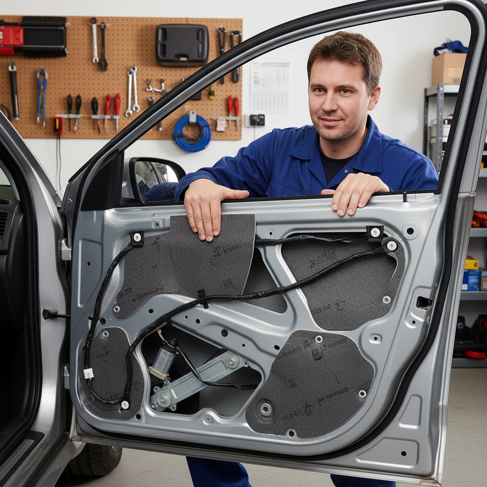 Man in workshop inspects car door's interior, highlighting Premium Lightweight Thermal Insulation for Vehicles - 4mm Thick, 1.0sq.m Coverage, ideal for vans and campers, offering soundproofing, acoustic comfort, and vibration damping.