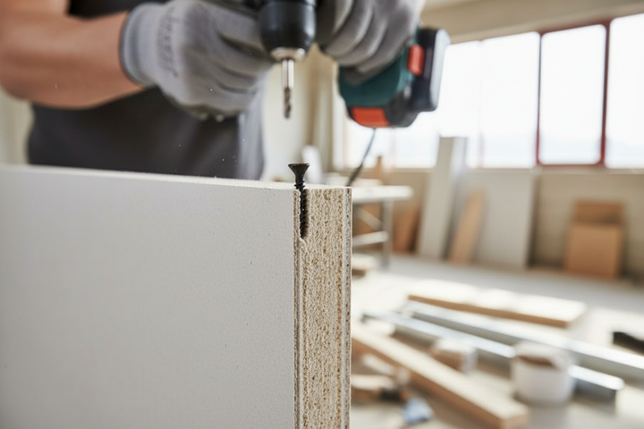 High-Performance Maxi HP Screws 3.9mm x 30mm - Ideal for Gypsum Fibreboard Installation, Box of 1000, shown being driven into MDF with a drill, emphasizing soundproof and acoustic applications.