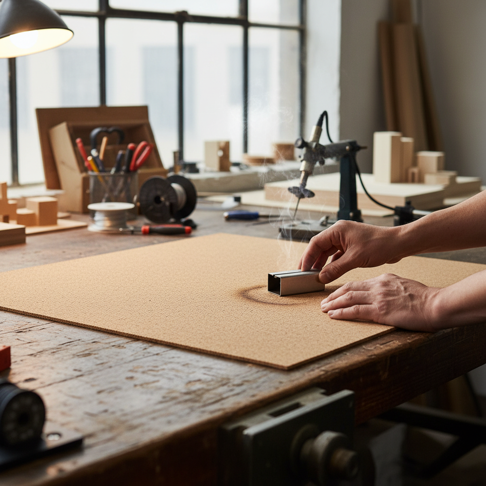 Hands holding a heated metal block scorch a Premium Fine Grain Large Cork Roll 2m x 1m - 3mm Thick for Interior Walls, ideal for soundproofing, acoustic insulation, and noise reduction in workshops or studios.