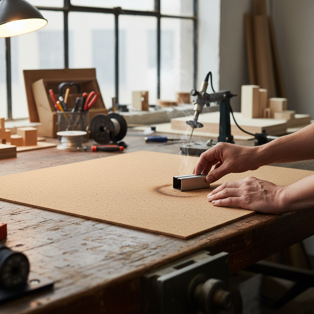 Hands holding a heated metal block scorch a Premium Fine Grain Large Cork Roll 2m x 1m - 3mm Thick for Interior Walls, ideal for soundproofing, acoustic insulation, and noise reduction in workshops or studios.