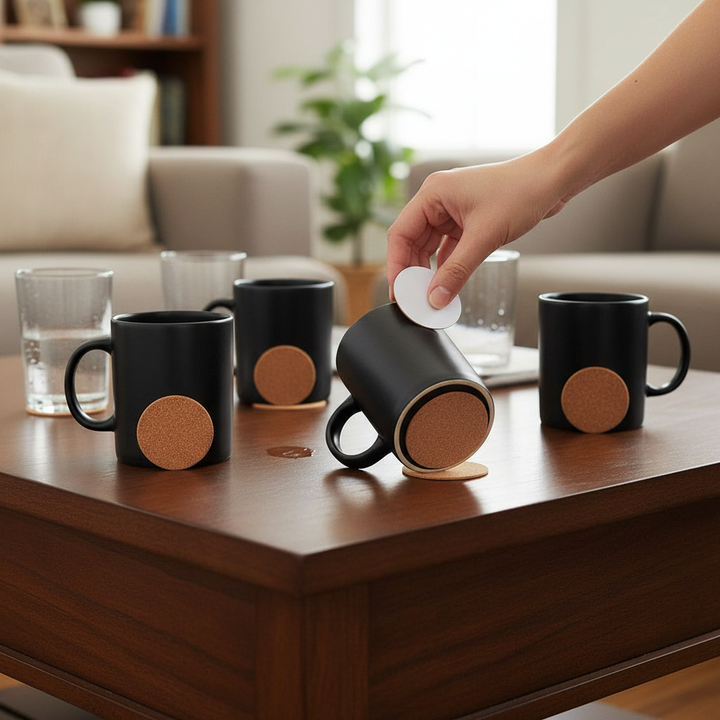 Premium Adhesive Cork Coaster Sheets - 90mm Diameter, 2mm Thick, Pack of 50 for Versatile Applications. Image shows a hand peeling adhesive cork from a mug, demonstrating soundproof, acoustic, noise reduction capabilities.