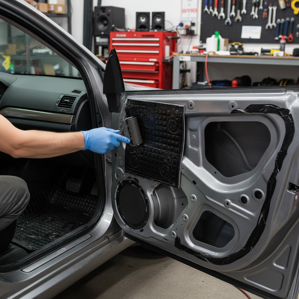 Person in blue gloves using a roller to apply Premium Sound Deadening Damping Mat - 3mm Thickness, 15 Sheet Pack for Automotive Noise Reduction and Vibration Control onto car door, showcasing acoustic and vibration damping capabilities.