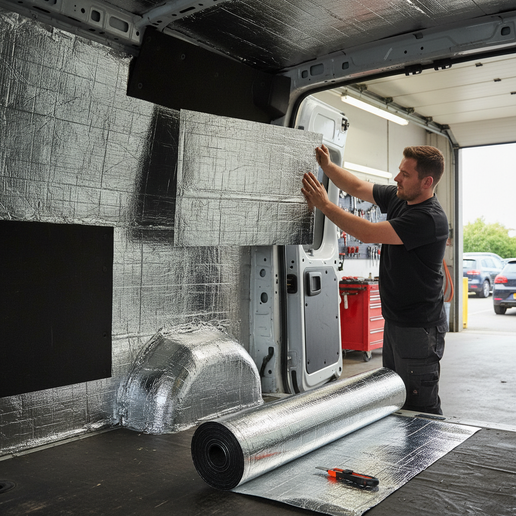 Man installing Premium Heavy Duty Thermo Liner 6mm for Insulation - 10m² Roll, enhancing thermal performance and noise reduction in a van. Features self-adhesive foil-faced foam for easy installation and soundproofing.