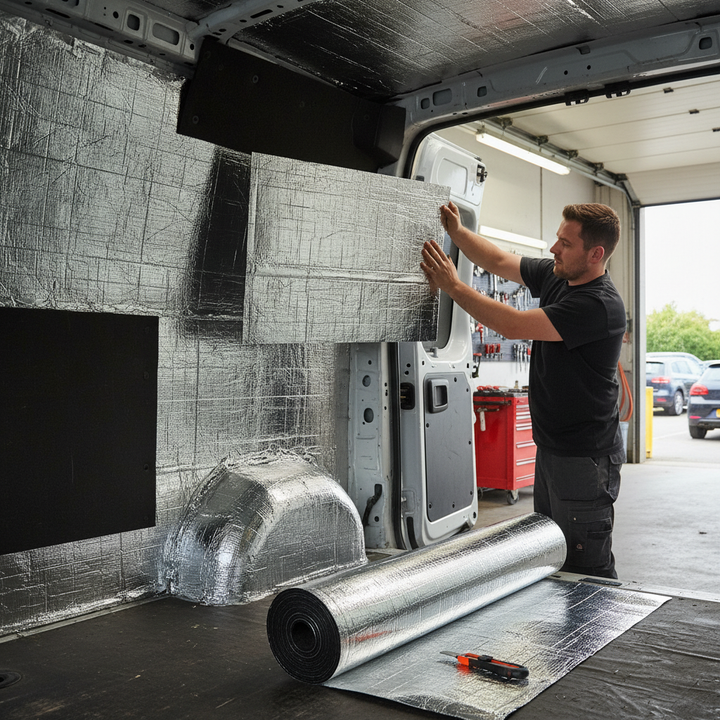 Man installing Premium Heavy Duty Thermo Liner 6mm for Insulation - 10m² Roll, enhancing thermal performance and noise reduction in a van. Features self-adhesive foil-faced foam for easy installation and soundproofing.
