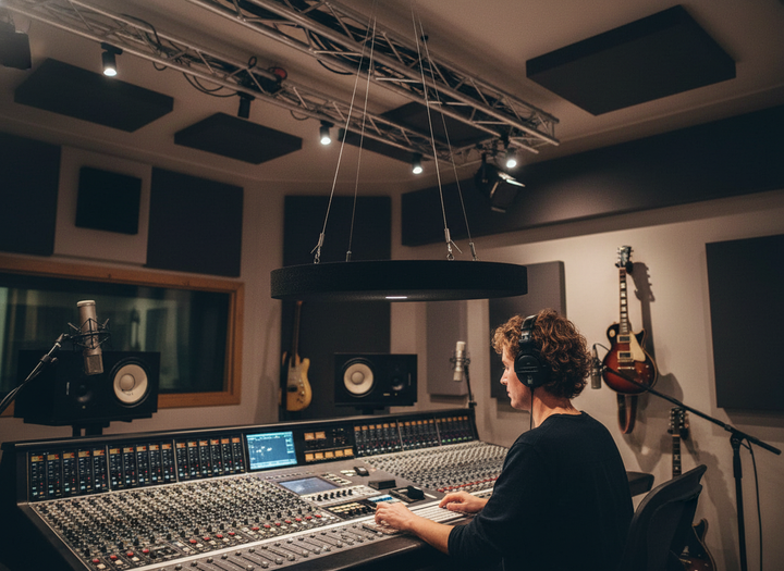 Premium Cable Suspension System installed in a recording studio control room, showcasing its role in effective acoustic panel placement for optimal soundproofing, noise reduction, and sound insulation.