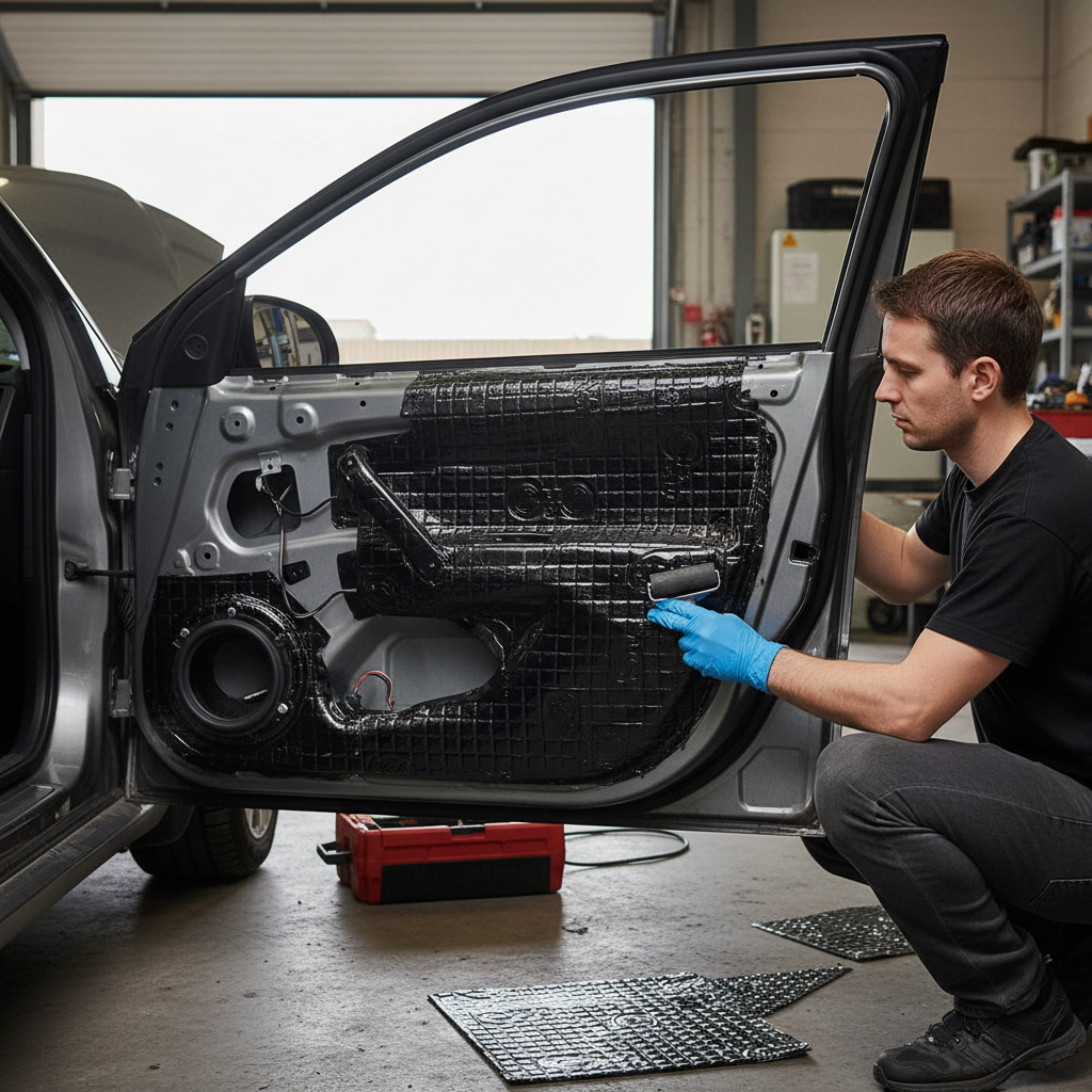 Man applying Premium 3mm Sound Deadening Damping Mat inside car door, using roller to adhere black, grid-patterned mat for noise reduction and vibration damping; additional sheets and toolbox nearby.