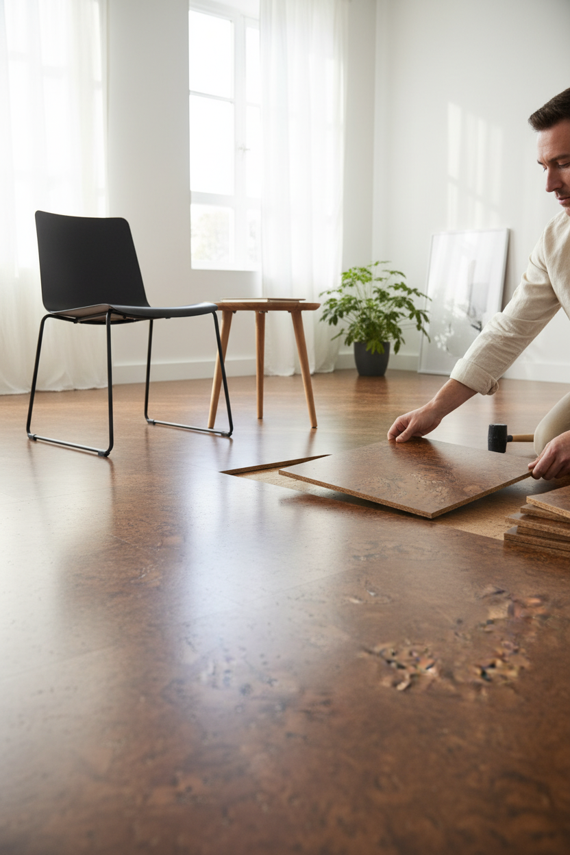 Hands fit a Premium Natural Cork Flooring tile, 600mm x 300mm, 4mm thick, into subfloor; ideal for soundproofing and acoustic insulation, offering comfort and noise reduction with easy glue-down installation. Nearby: rubber mallet.