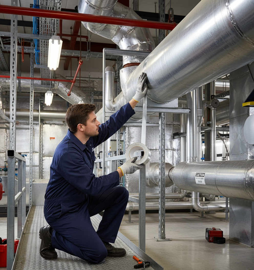 Technician using Premium Aluminium Foil Finishing Tape 48mm x 45m to seal a large insulated duct in an industrial setting, ensuring effective seam sealing and professional finish for soundproof and acoustic insulation projects.