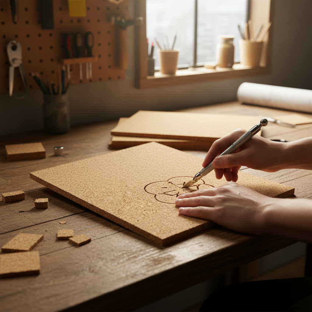 Premium Non-Adhesive Medium Grain Cork Sheets - 610mm x 450mm, 1mm Thick - 4 Pack, ideal for soundproofing and noise reduction, shown being cut on a craft bench for wall coverings and pin boards.