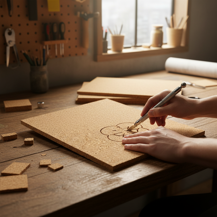 Premium Non-Adhesive Medium Grain Cork Sheets - 610mm x 450mm, 1mm Thick - 4 Pack, ideal for soundproofing and noise reduction, shown being cut on a craft bench for wall coverings and pin boards.