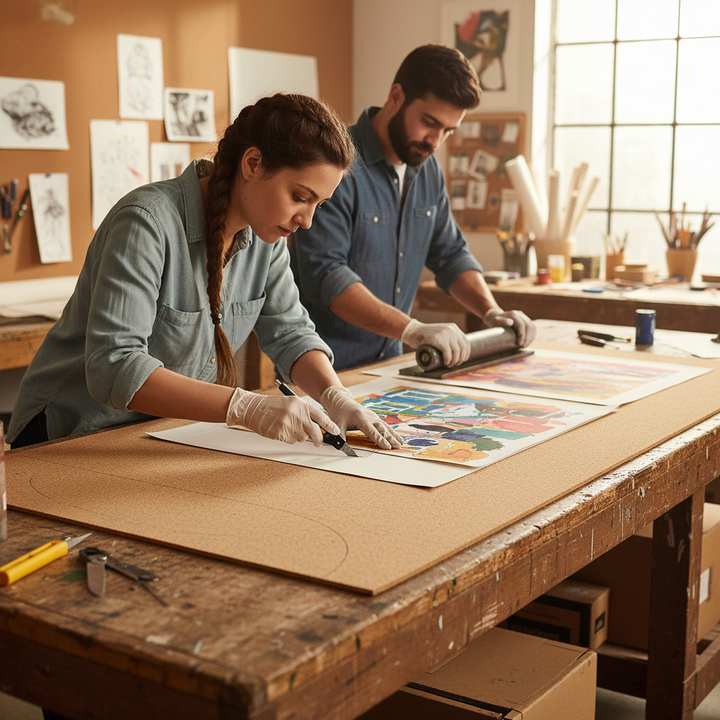 Woman in artist's studio uses Premium Fine Grain Large Cork Roll - 7 Metres x 1 Metre - 8mm Thick for Interior Walls, ideal for soundproofing and acoustic insulation, amidst creative workspace.