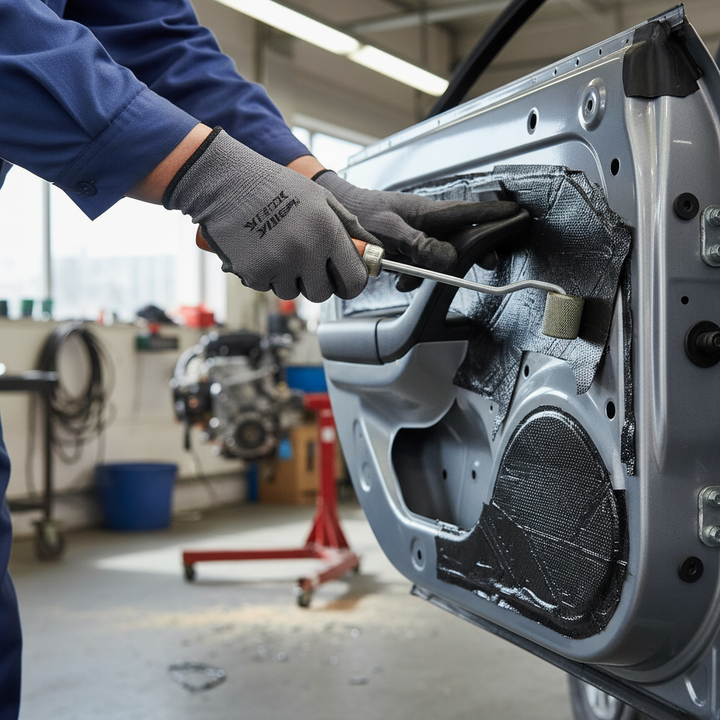 Technician using the Premium Heavy Duty Long Reach Roller for Sound Deadening Application in Hard to Reach Areas to apply soundproofing mats, ensuring acoustic insulation and noise reduction in a vehicle door panel.