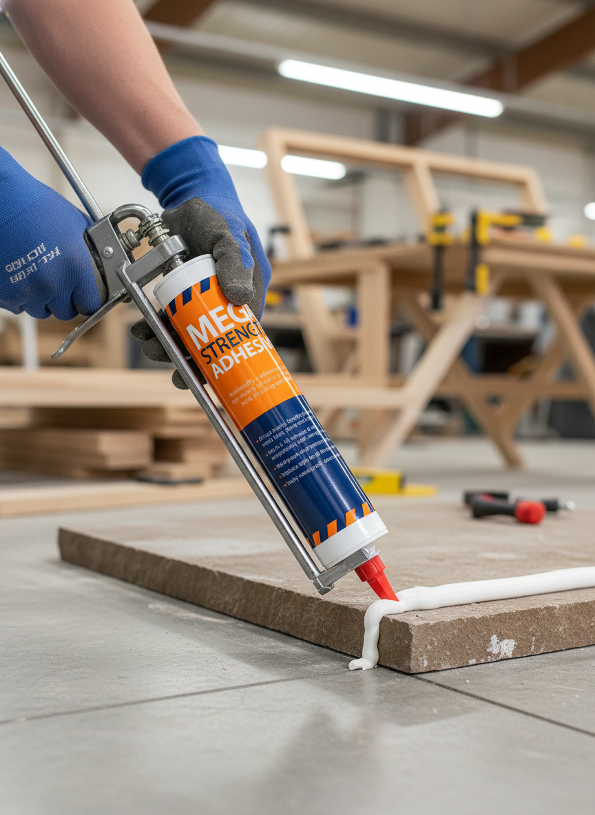 Close-up of gloved hands using the Premium Mega Strength Adhesive 310ml for Backer Board, ideal for soundproof installations. Fast-setting, waterproof, and high bond strength, perfect for acoustic and noise reduction projects.