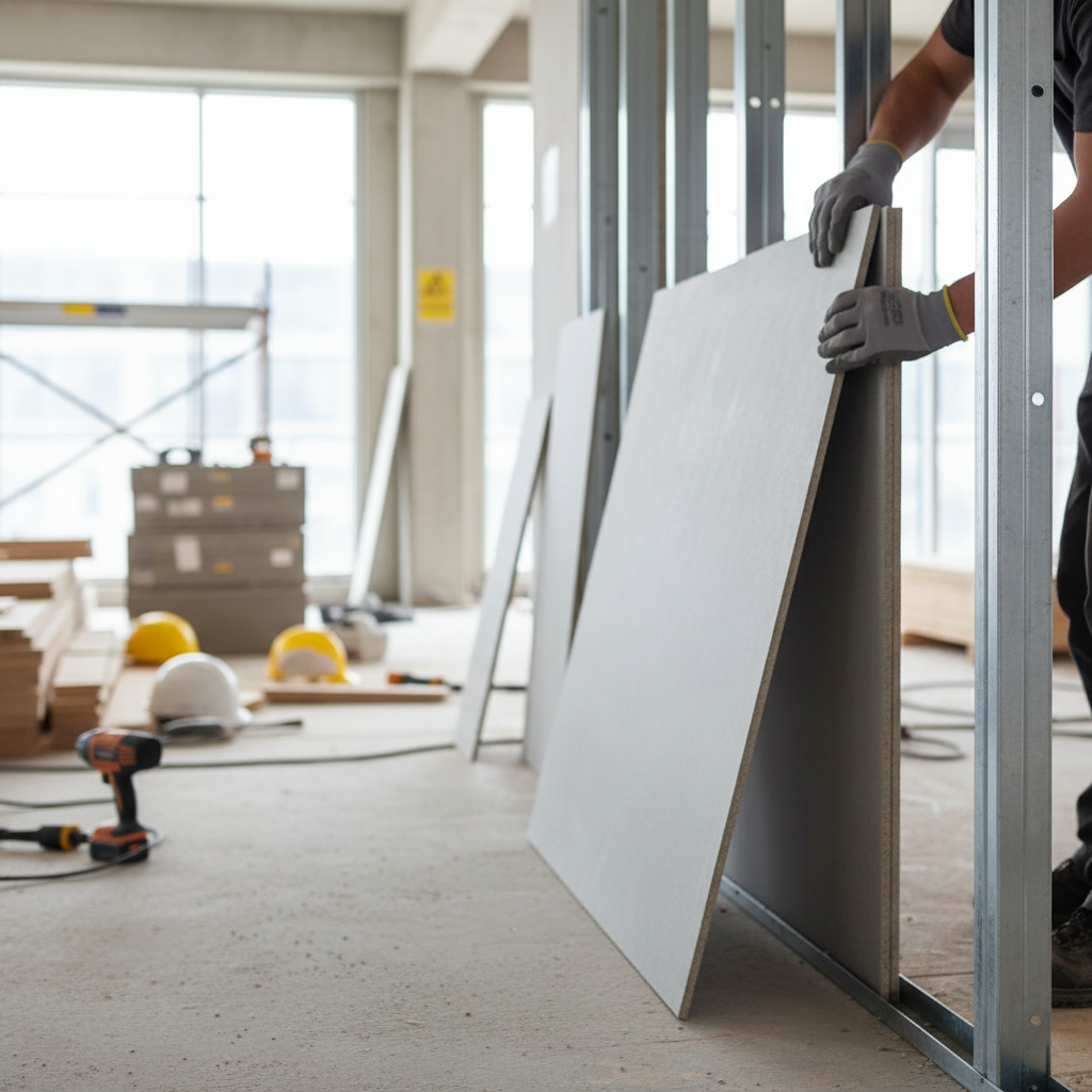 Worker installs Premium Cement Particle Board 18mm, a soundproof, moisture-resistant gypsum board, into metal-stud framing, highlighting its tongue-and-groove design for noise reduction and improved acoustic performance.