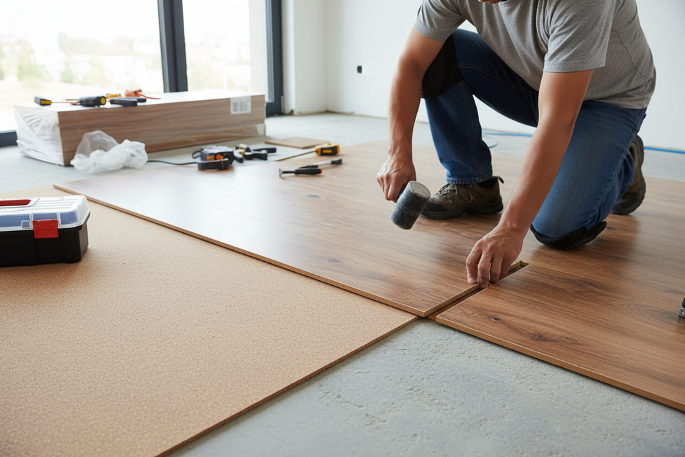 Premium Natural Cork Underlay Roll - 1m x 3m for Laminate Flooring with Various Thickness Options is being installed on a concrete subfloor, highlighted by a soundproofing setup with tools and underlayment visible.