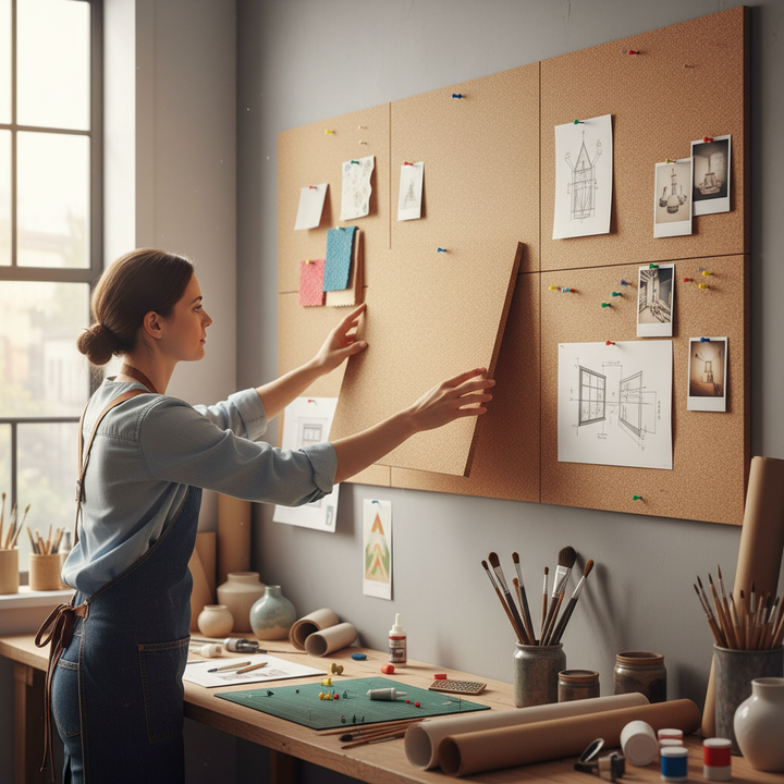 Premium Fine Grain Non-Adhesive Cork Sheets 610mm x 450mm - 30mm Thick, Pack of 4, used for creating pinboards and wall coverings, ideal for soundproof and acoustic applications in creative workspaces.