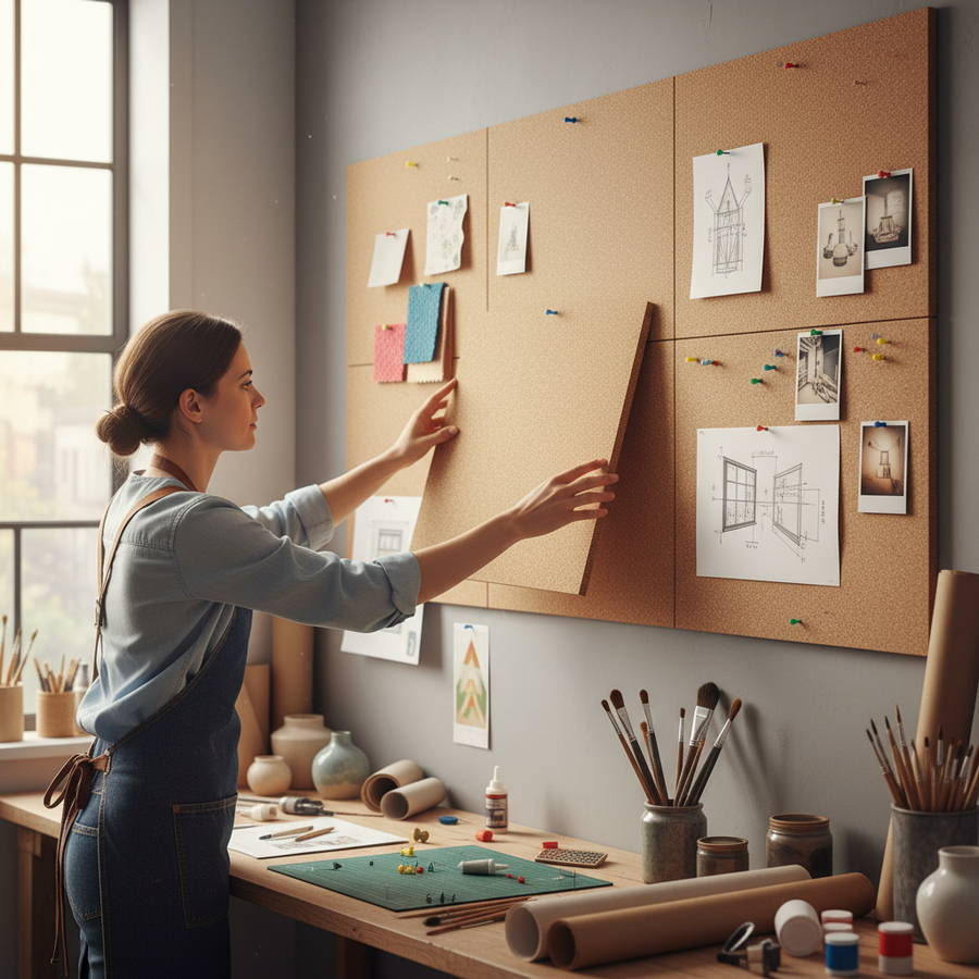 Premium Fine Grain Non-Adhesive Cork Sheets 610mm x 450mm - 30mm Thick, Pack of 4, used for creating pinboards and wall coverings, ideal for soundproof and acoustic applications in creative workspaces.