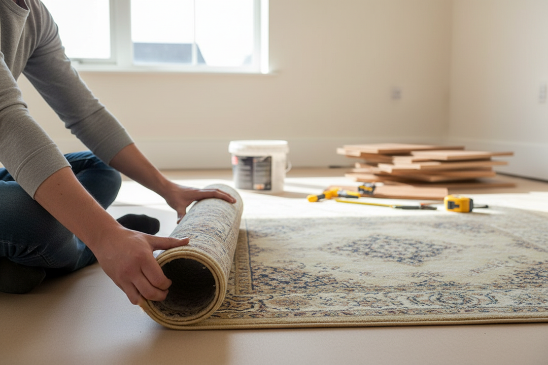 Person unrolling Premium Acoustic Overlay Platform System for Timber Floors, showcasing its soundproof and moisture-resistant properties, amid renovation tools, emphasizing impact sound reduction and acoustic enhancement for wooden floors.