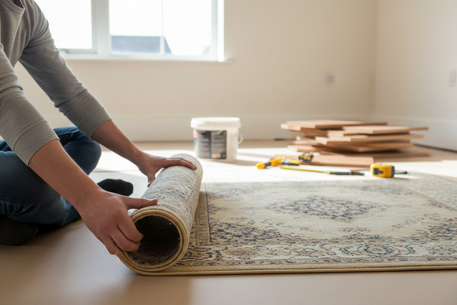 Person unrolling Premium Acoustic Overlay Platform System for Timber Floors, showcasing its soundproof and moisture-resistant properties, amid renovation tools, emphasizing impact sound reduction and acoustic enhancement for wooden floors.