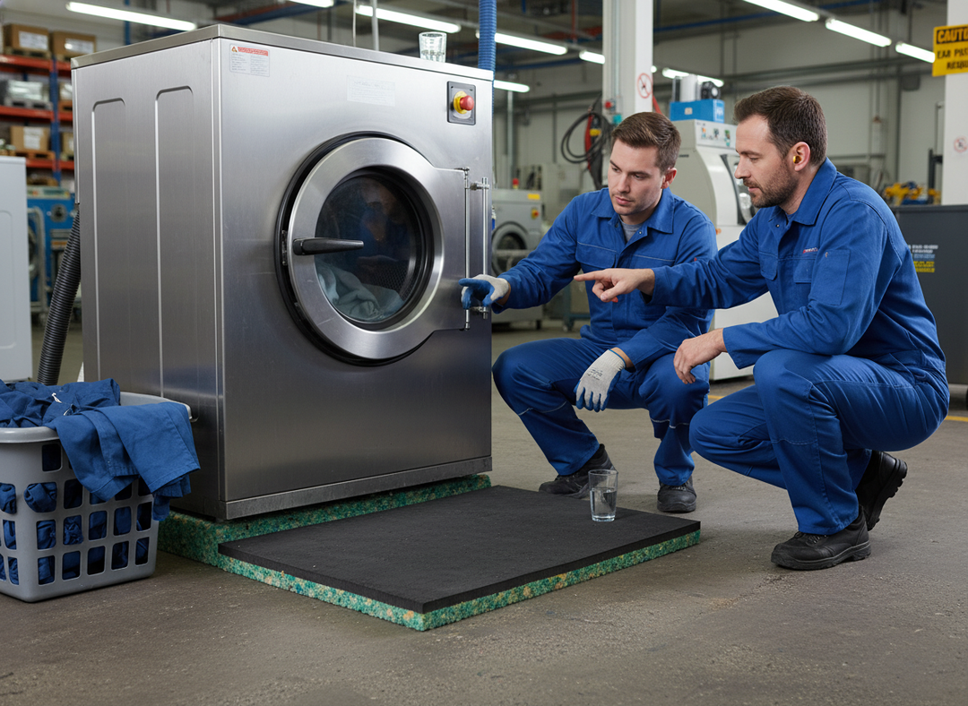 Technicians inspect a front-loading washing machine on Premium 15mm Acoustic Sound Mat, designed for effective sound insulation and vibration damping in flooring applications, visible in a commercial laundry setting.