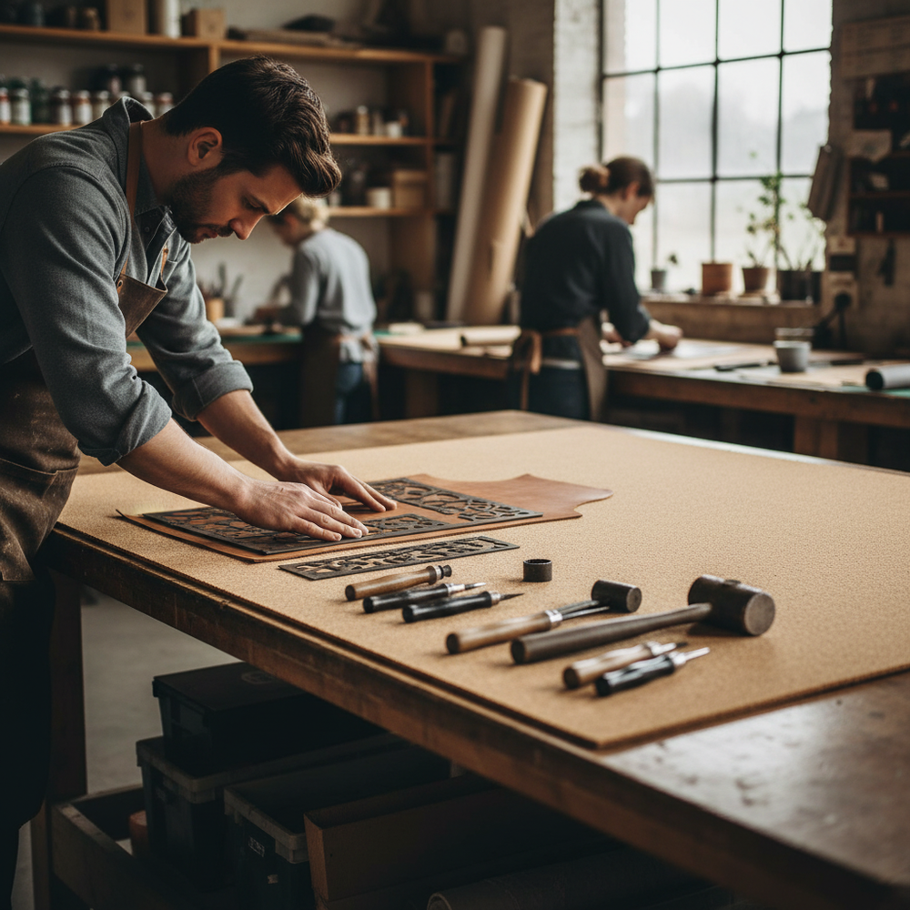 Craftsman pressing stencil into leather at a workbench. Premium Fine Grain Large Cork Roll 8m x 1m - 4mm Thick for Interior Walls, ideal for soundproofing, acoustic insulation, and noise reduction.