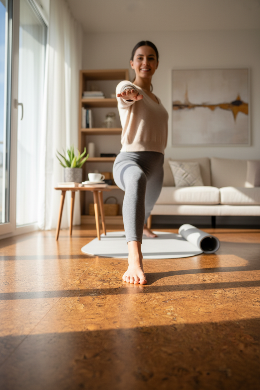 Woman practicing yoga on Premium Natural Cork Flooring - 600mm x 300mm Tiles, 4mm Thick, 1.98m² Pack, showcasing its soundproof and acoustic insulation properties, ideal for noise reduction and vibration damping.