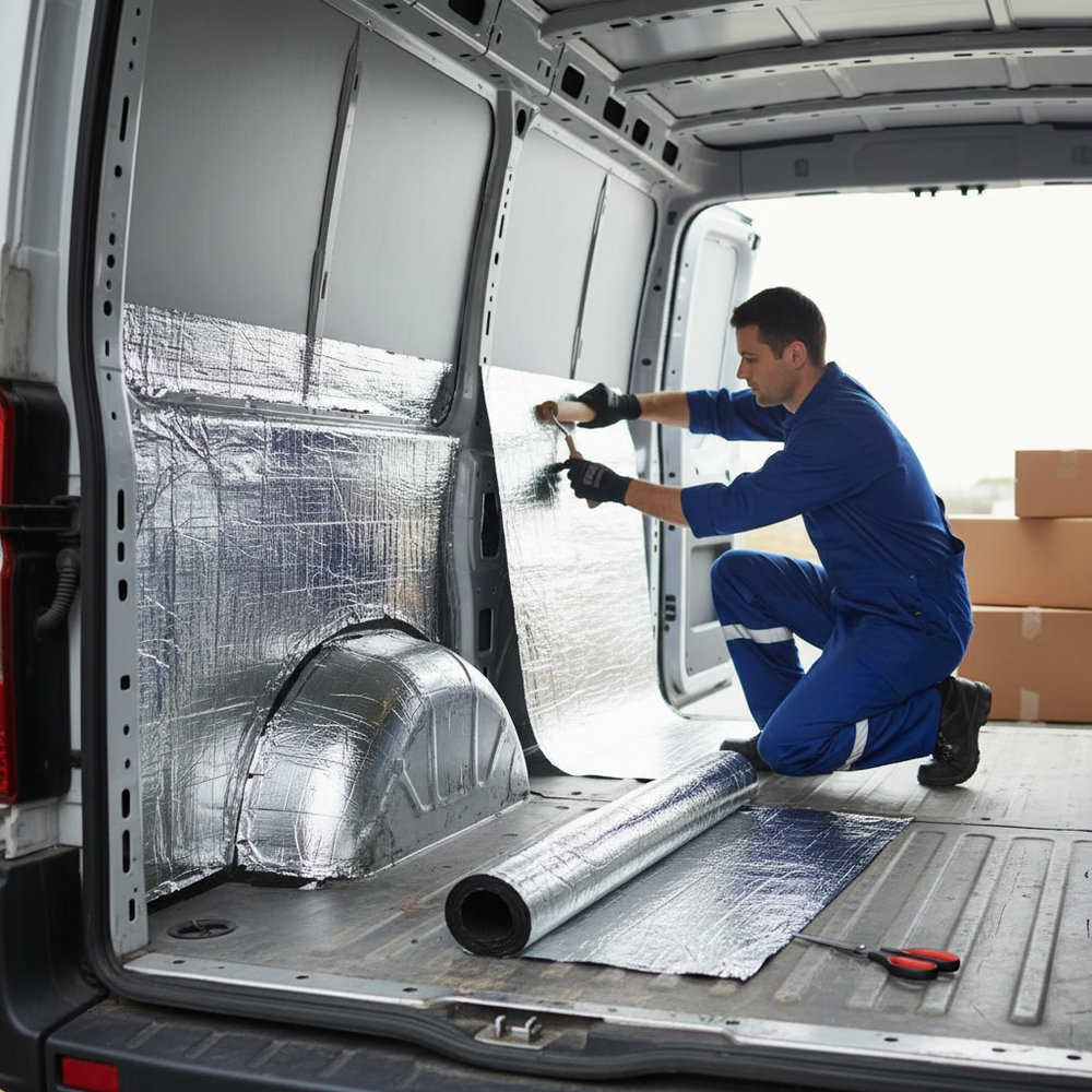 Man in blue coveralls installs Premium Sound Deadening and Insulation Kit for Large Vans, featuring reflective insulation sheets for acoustic enhancement, noise reduction, and soundproofing. Scissors and unrolled insulation visible nearby.