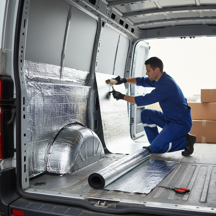 Man in blue coveralls installs Premium Sound Deadening and Insulation Kit for Large Vans, featuring reflective insulation sheets for acoustic enhancement, noise reduction, and soundproofing. Scissors and unrolled insulation visible nearby.