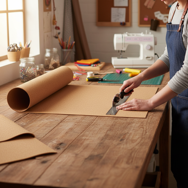 Craft workspace with a user trimming material, highlighting the Premium Fine Grain Large Cork Roll - 10m x 1m, 4mm Thick, ideal for interior walls, offering soundproofing, acoustic insulation, and noise reduction benefits.