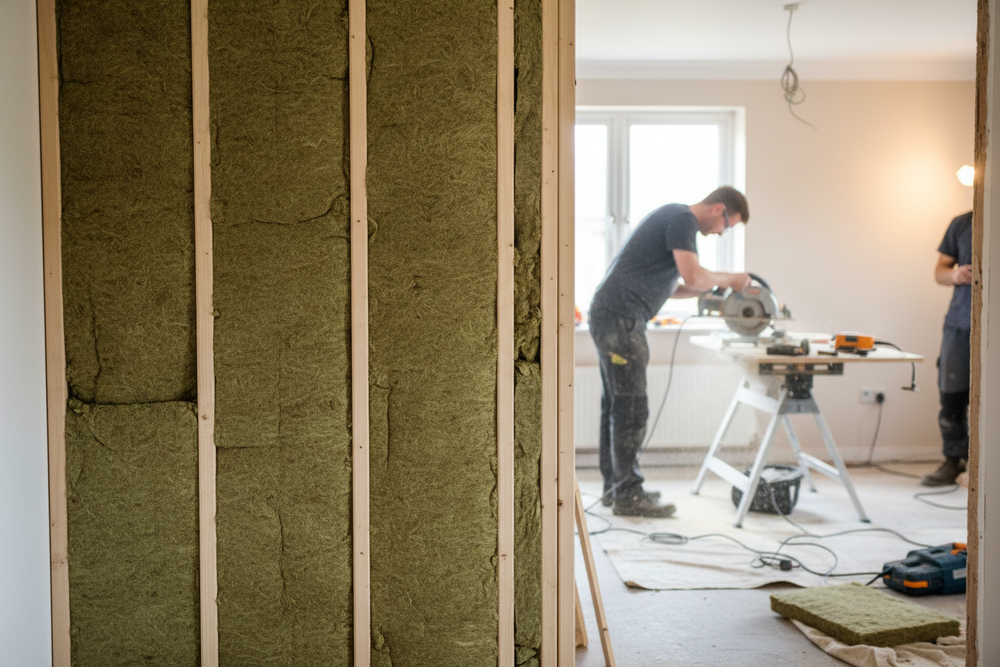 Premium Sound Insulation Slab 75mm Thick for Effective Acoustic Performance in Floors, Ceilings, and Walls, installed in stud framing, showcasing its soundproof and acoustic noise reduction capabilities amid renovation work.