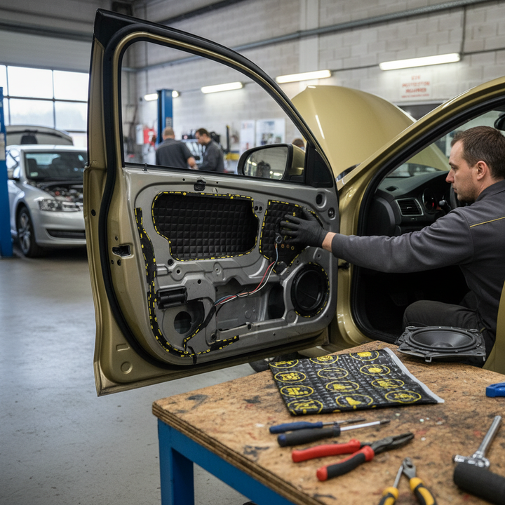 Technician installing Premium Sound Deadening Speaker Kit for Enhanced Bass Response, featuring 4 sheets, 2mm thickness, with aluminum foil, improving acoustic insulation and vibration damping in a car door.