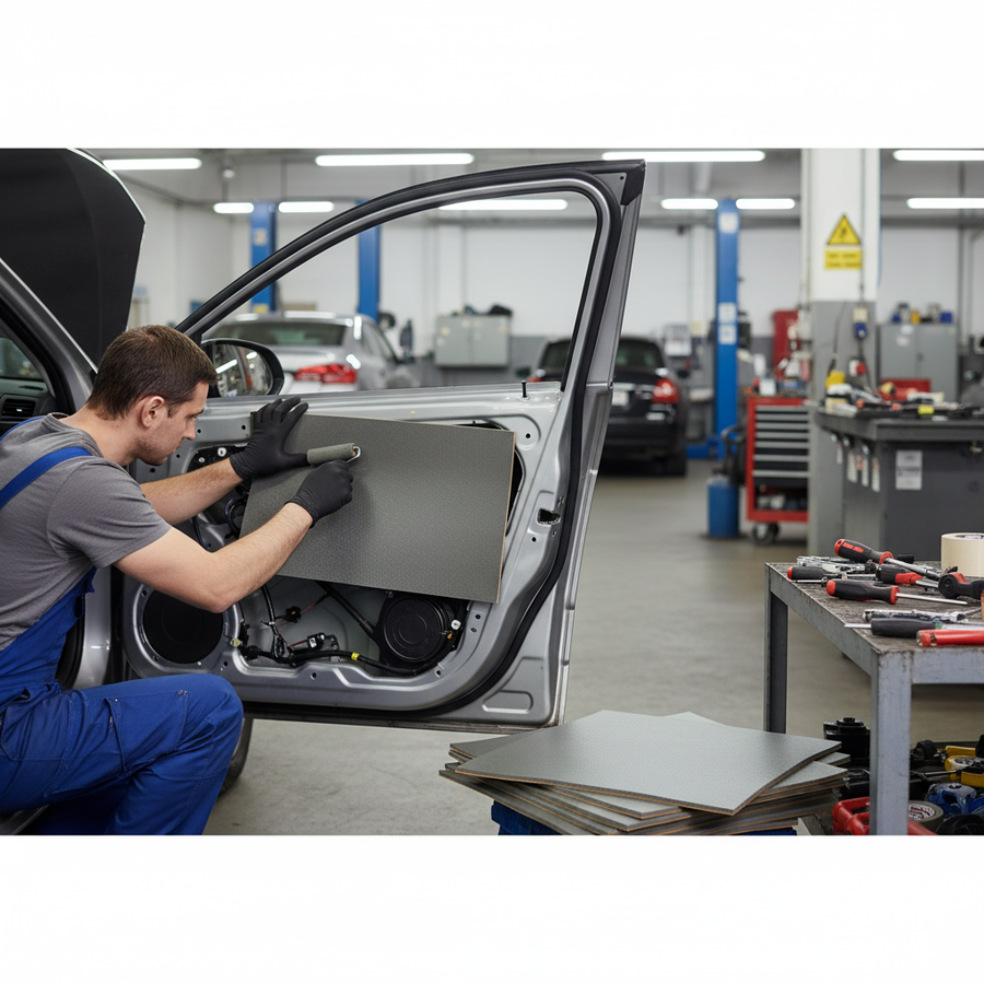 Mechanic installs Premium Lightweight Thermal Insulation for Vehicles - 4mm Thick, 1.0sq.m Coverage, Perfect for Vans and Campers, into car door, showcasing soundproof, acoustic, noise reduction, and vibration damping qualities.