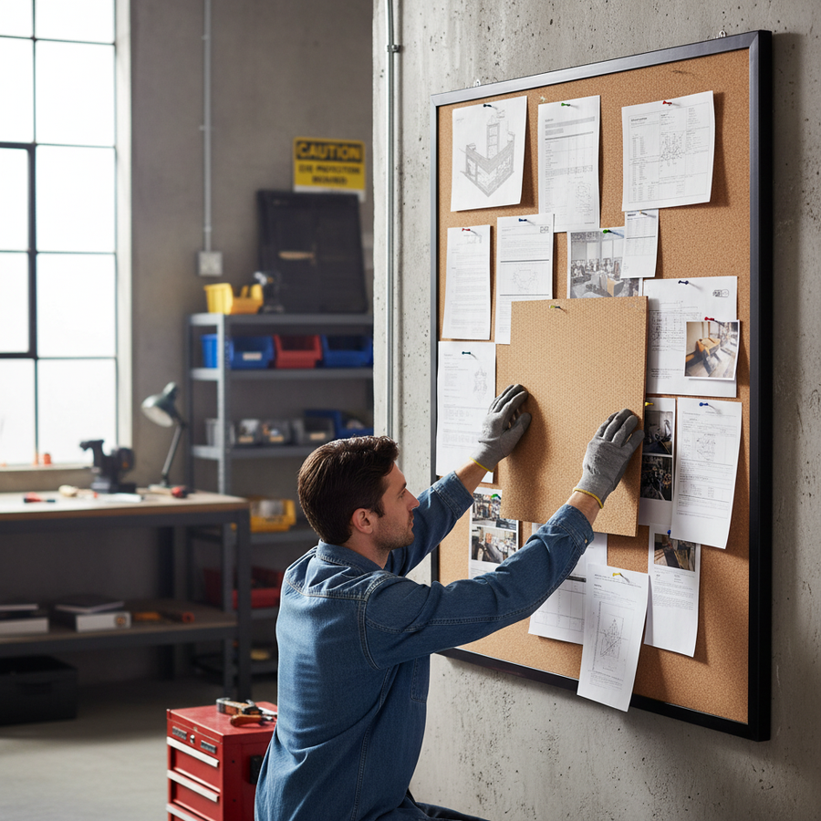 Man in workshop handling Premium High Density Cork Rolls - 915mm x 610mm - 4mm Thick - Pack of 3 for Train Track Underlay on bulletin board; ideal for soundproofing and acoustic insulation, reducing noise and vibration.