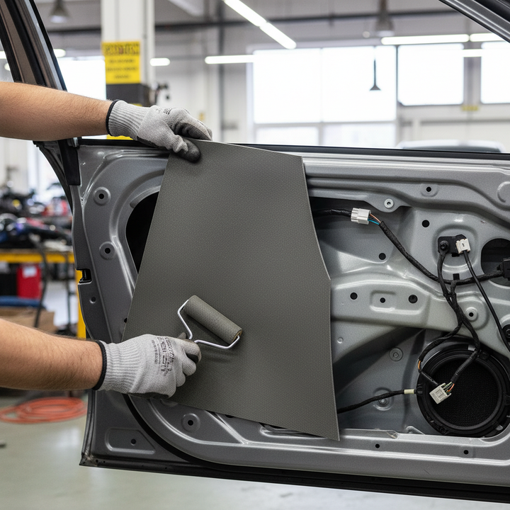 Gloved hands apply Premium Lightweight Thermal Insulation Foam for Vehicle Conversions - 4mm Thickness, 1.0sq.m Coverage, using a roller on an automotive door for soundproofing and thermal insulation.