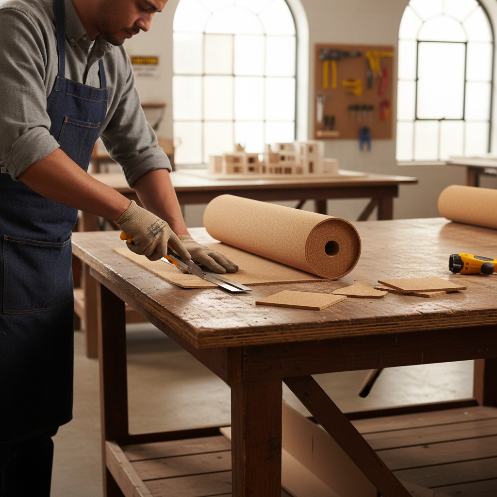 Craftsman cutting Premium Fine Grain Large Cork Roll, 3m x 1m, 3mm thick, ideal for soundproofing and acoustic insulation in interior walls, on a workbench with tools and architectural model nearby.