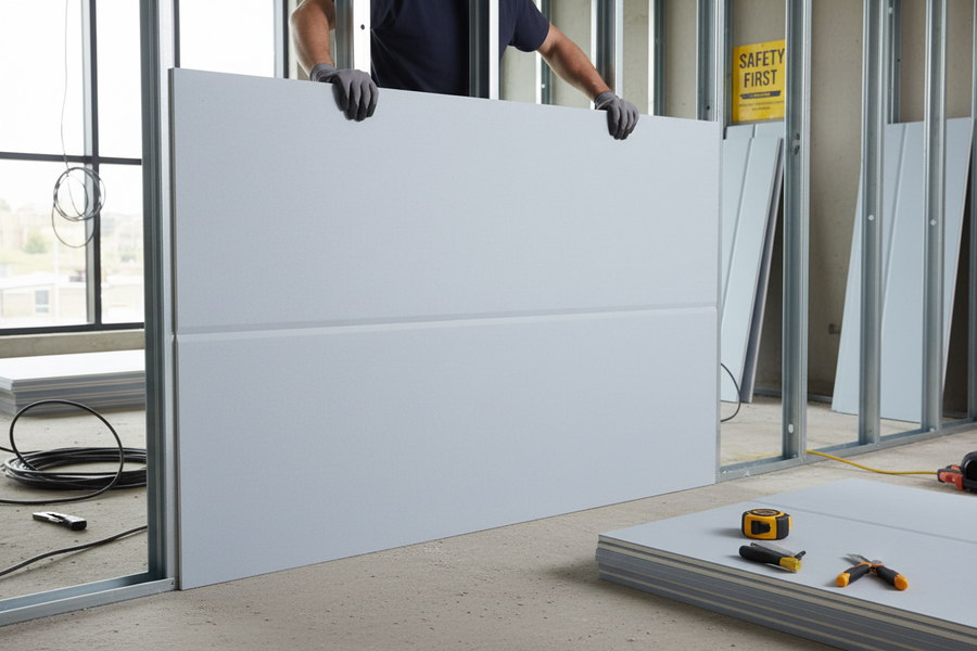 Worker fitting Premium 15mm Heavy Duty Sound Insulation Plasterboard - 2400 x 1200mm, 45 Rw dB Noise Reduction, 30 Minutes Fire Resistance, into a metal stud frame, showcasing acoustic and fire-resistant properties.
