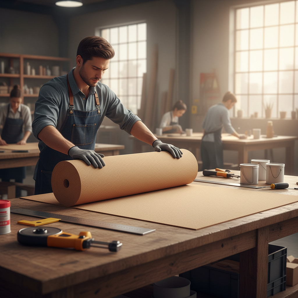 Man in denim shirt and leather apron unrolls a Premium Fine Grain Cork Roll - 6m x 1m, 10mm Thick for Durable Interior Walls on a workbench, surrounded by soundproofing tools, in a workshop setting.