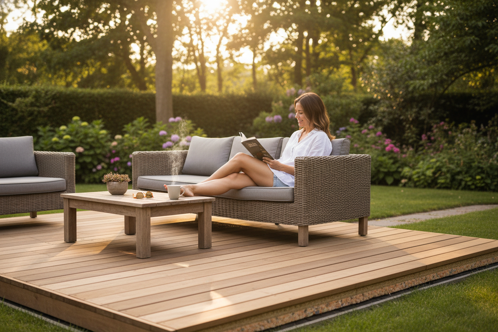 Woman reading on a wicker sofa in a garden setting, reflecting the tranquility achievable with the Premium Acoustic Floor System 2400mm x 600mm x 37mm for Impact Sound Reduction, ideal for soundproofing and noise reduction.