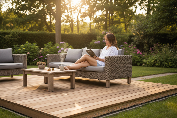 Woman reading on a wicker sofa in a garden setting, reflecting the tranquility achievable with the Premium Acoustic Floor System 2400mm x 600mm x 37mm for Impact Sound Reduction, ideal for soundproofing and noise reduction.