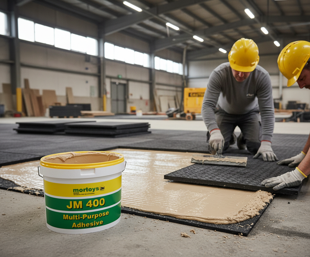 Workers install floor panels using Premium High-Performance Tilemat Adhesive 15kg, ideal for soundproofing and acoustic insulation. The adhesive offers quick application, strong bonding, and suits vinyl, rubber, and carpet bonding.