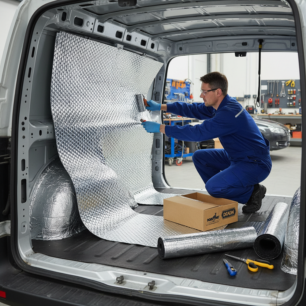 Man in blue coveralls installs Premium Sound Deadening and Insulation Kit for Small Vans, using a hand roller to apply foil-faced insulation, surrounded by tools and materials. Enhances acoustic comfort and noise reduction.