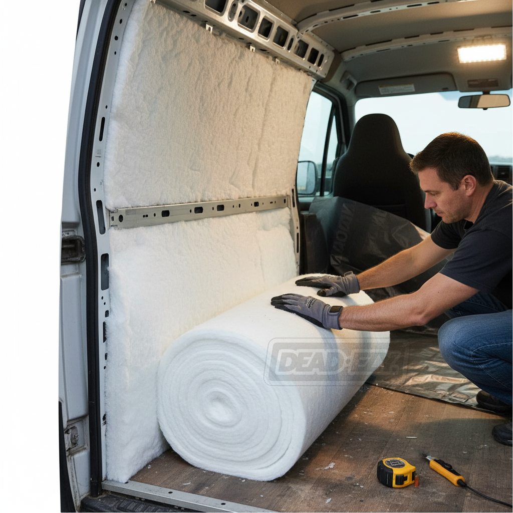 Man installing Premium 35mm Ecofill Insulation Quilt Roll - 3.7sq.m Coverage for Sustainable Vehicle Insulation in van, using tape measure and utility knife for fitting; enhances soundproofing and acoustic insulation.