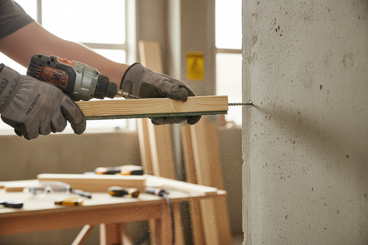 Gloved hands using a power drill to install the Professional Heavy Duty Composite Batten for Impact Sound Insulation - 1800mm x 45mm x 55mm, ideal for acoustic and noise reduction in construction projects.